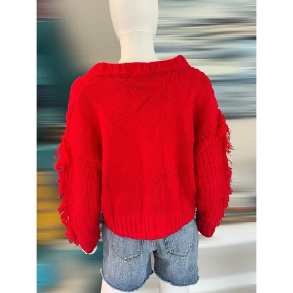 DAY & MOON Red knit fringe sleeve cardigan S M L - Picture 8 of 10